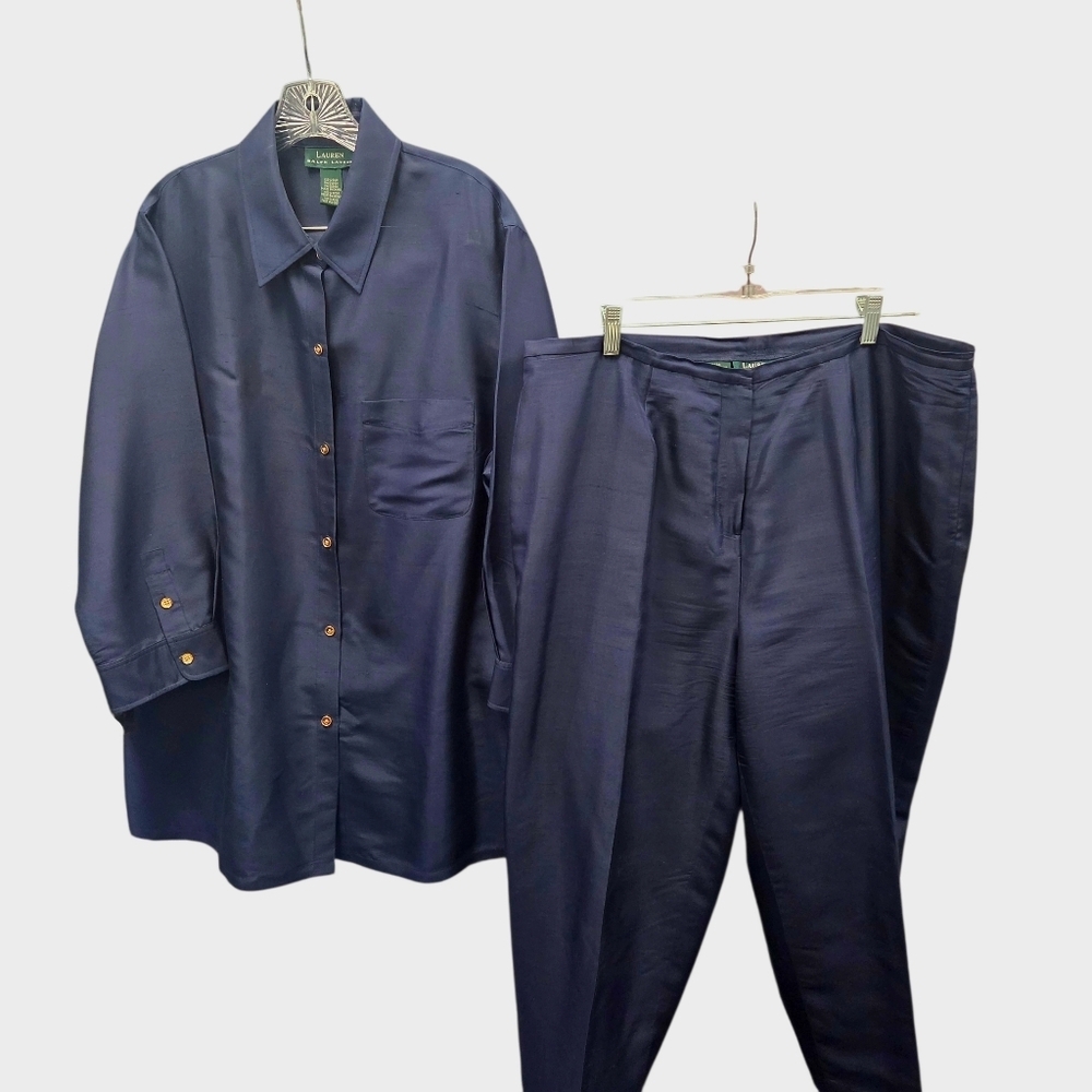 Vintage Lauren Ralph Lauren Navy Blue Silk Shirt & Cropped Trousers Set Size 18
